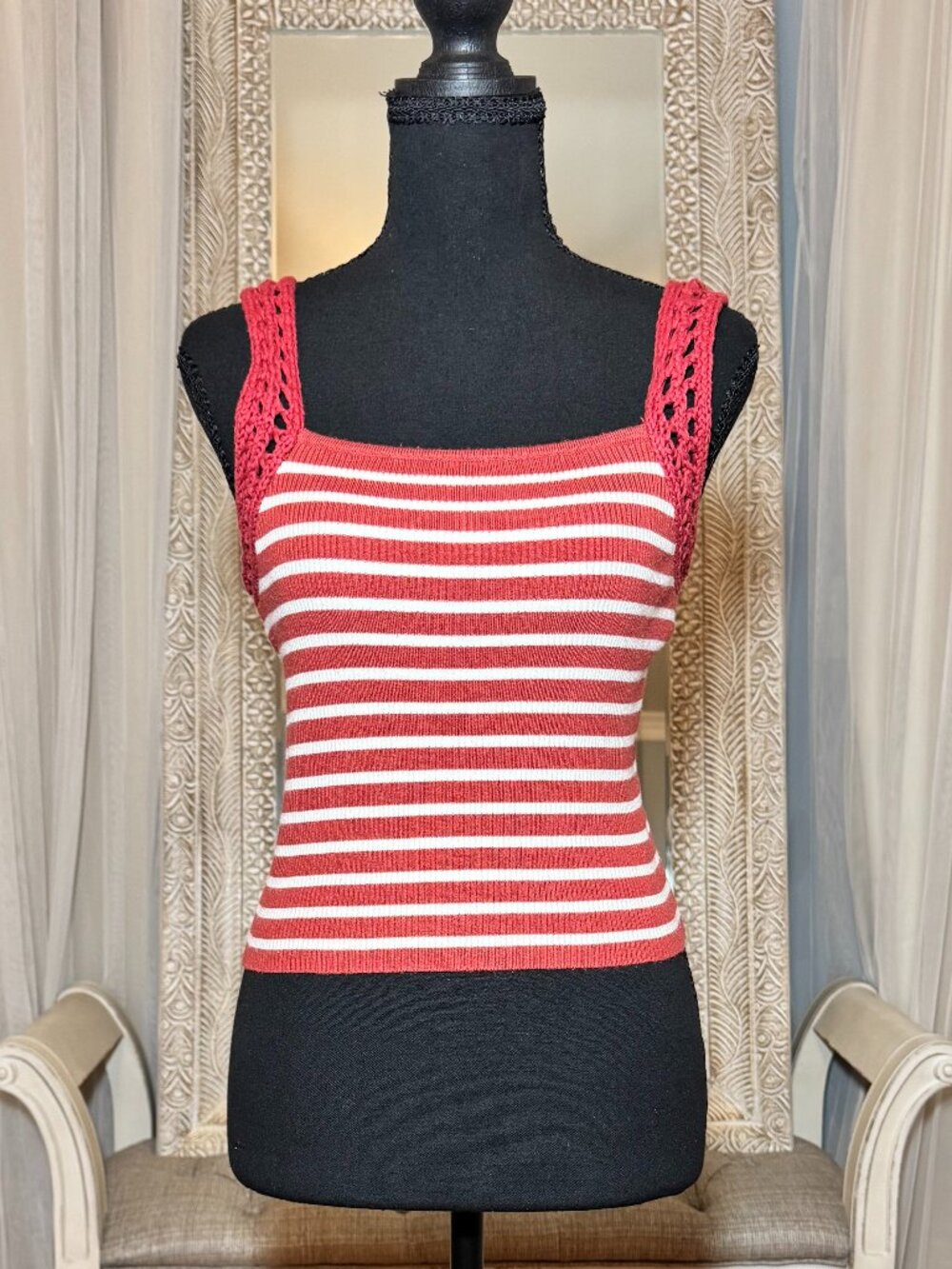 Aerie Red Cream Striped Crochet Strap Knit Tank Top S